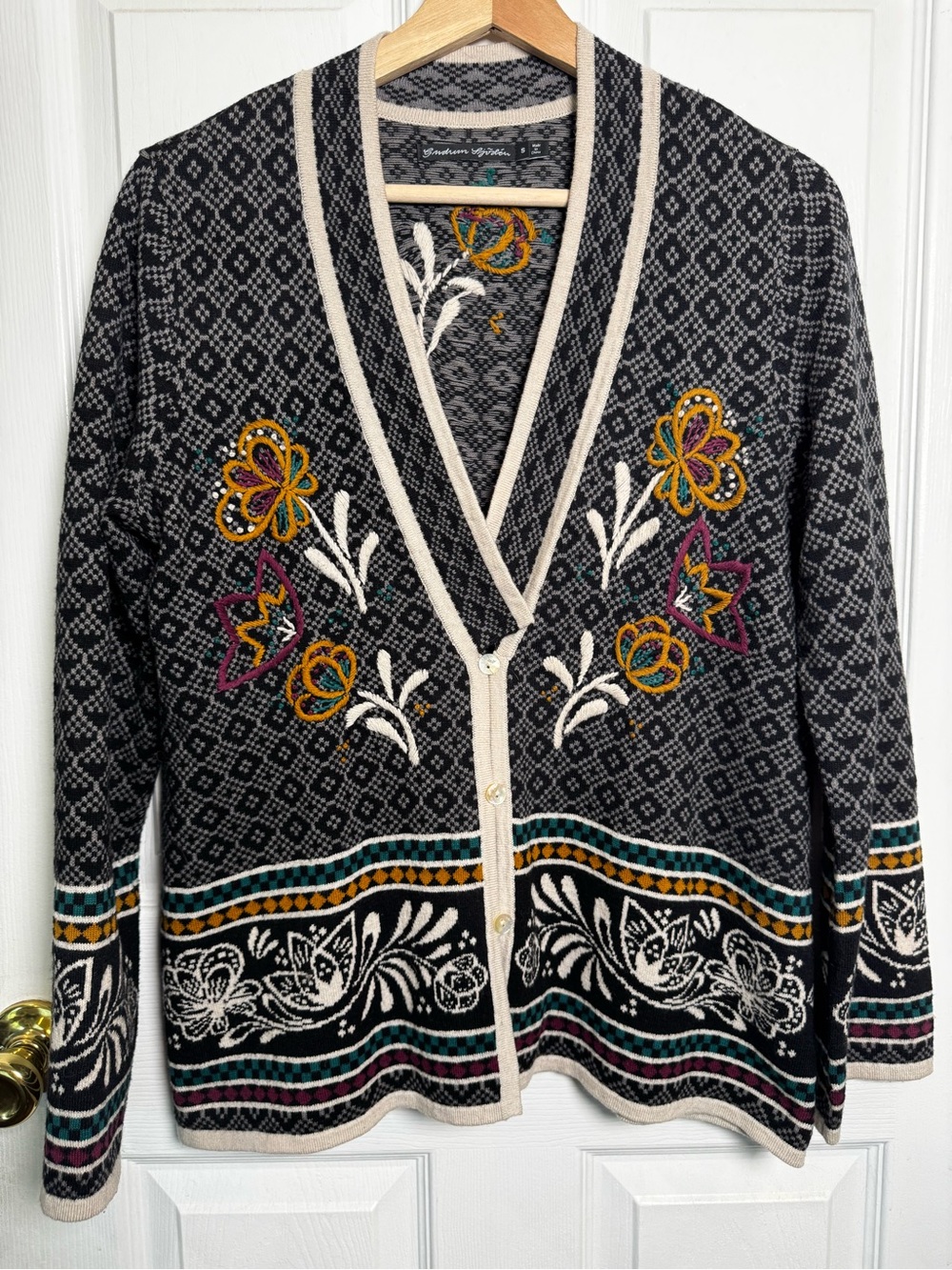 Gudrun Sjödén Embroidered Nordic Cardigan Sweater Wool Blend Boho Folk Art Small